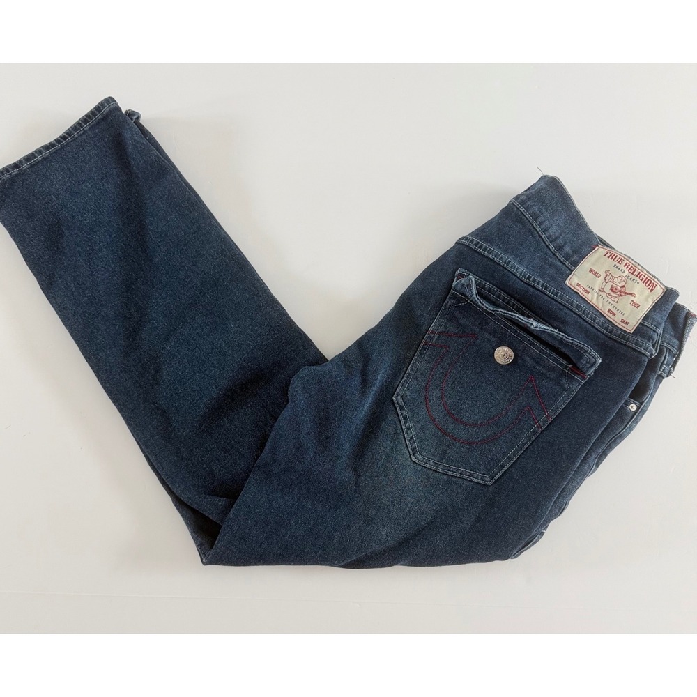 True Religion Geno Relaxed Slim Jeans Men 36 Dark Wash Red Horseshoe Flap Pocket